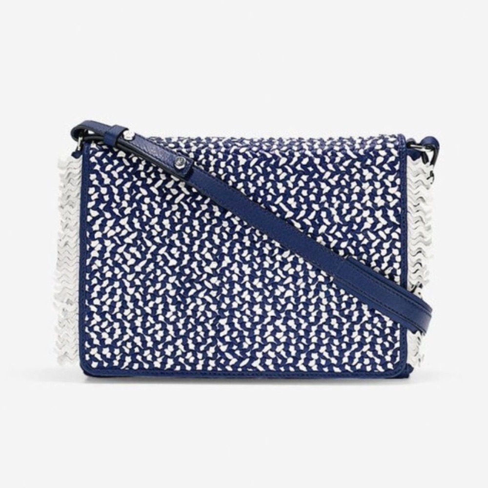 Cole Haan Ziva Fringe Shoulder Bag Blue Leather Purse Boho Tassel